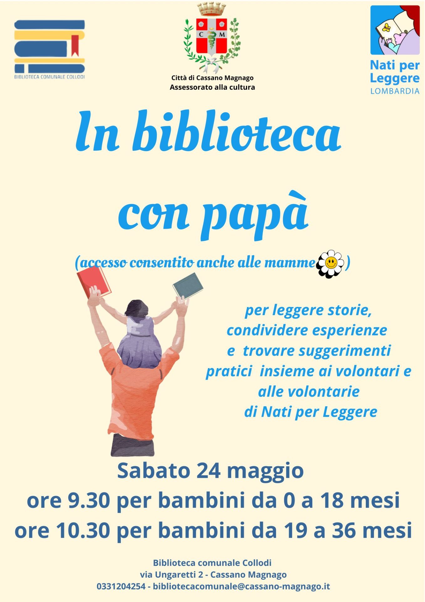 Locandina in biblioteca con papà