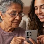 Anziana con una giovane che la forma sulla digitalizzazione