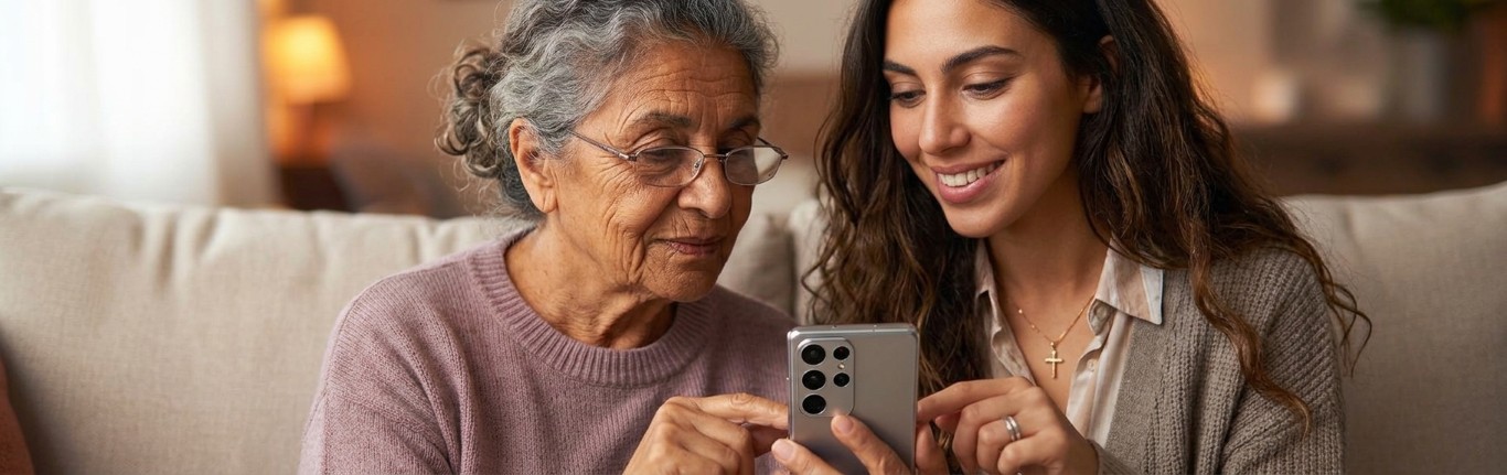 Anziana con una giovane che la forma sulla digitalizzazione